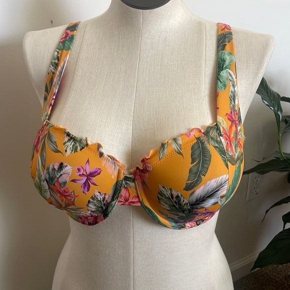 Shade & Shore Orange Tropical Lightly Lined Underwired Ruffle Swim Top Size 36 D - Picture 1 of 6